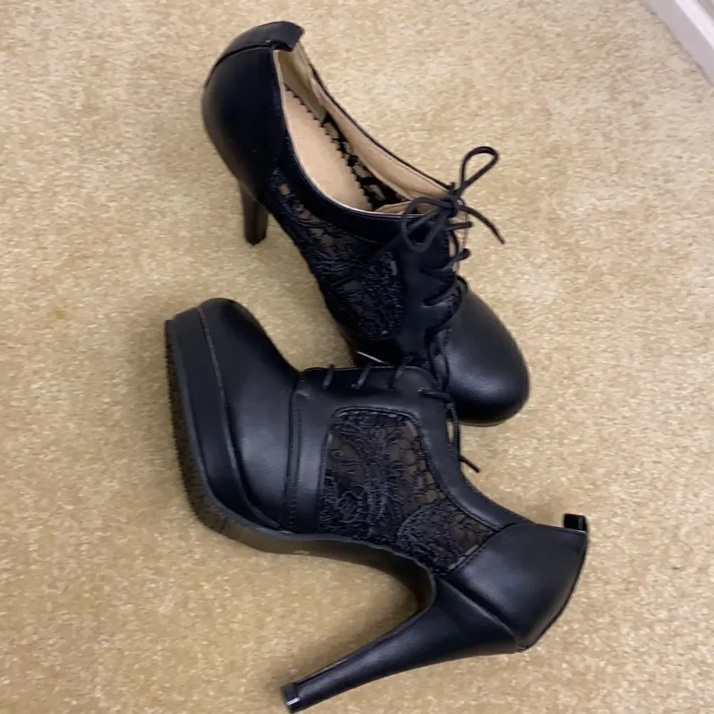 Women’s Black High Heel Booties with Lace Detail EU Size 38 US 7/7.5 NEW